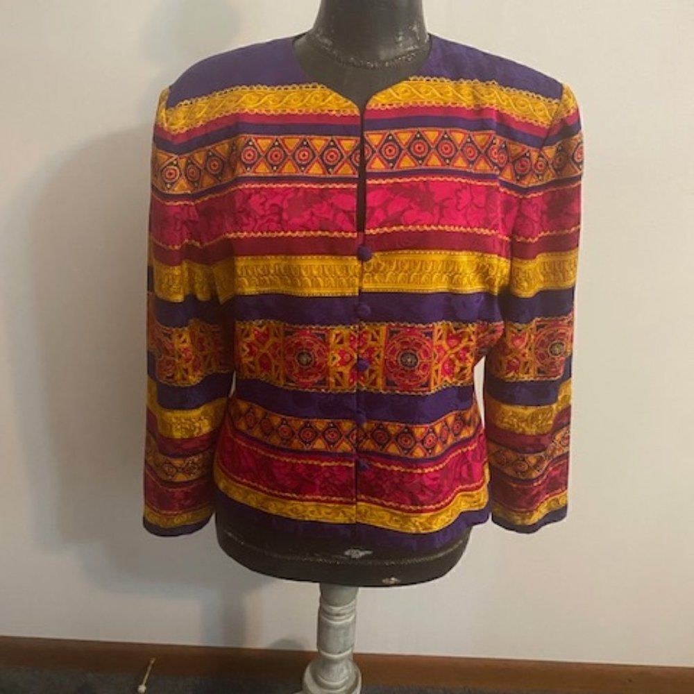 Adrianna Papell Multi-color 100% Silk Geometric Art Blazer, size 16